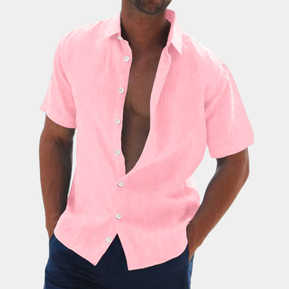 Soft linen men's short sleeve shirt. Casual button-up style offering comfort and breathability for summer.