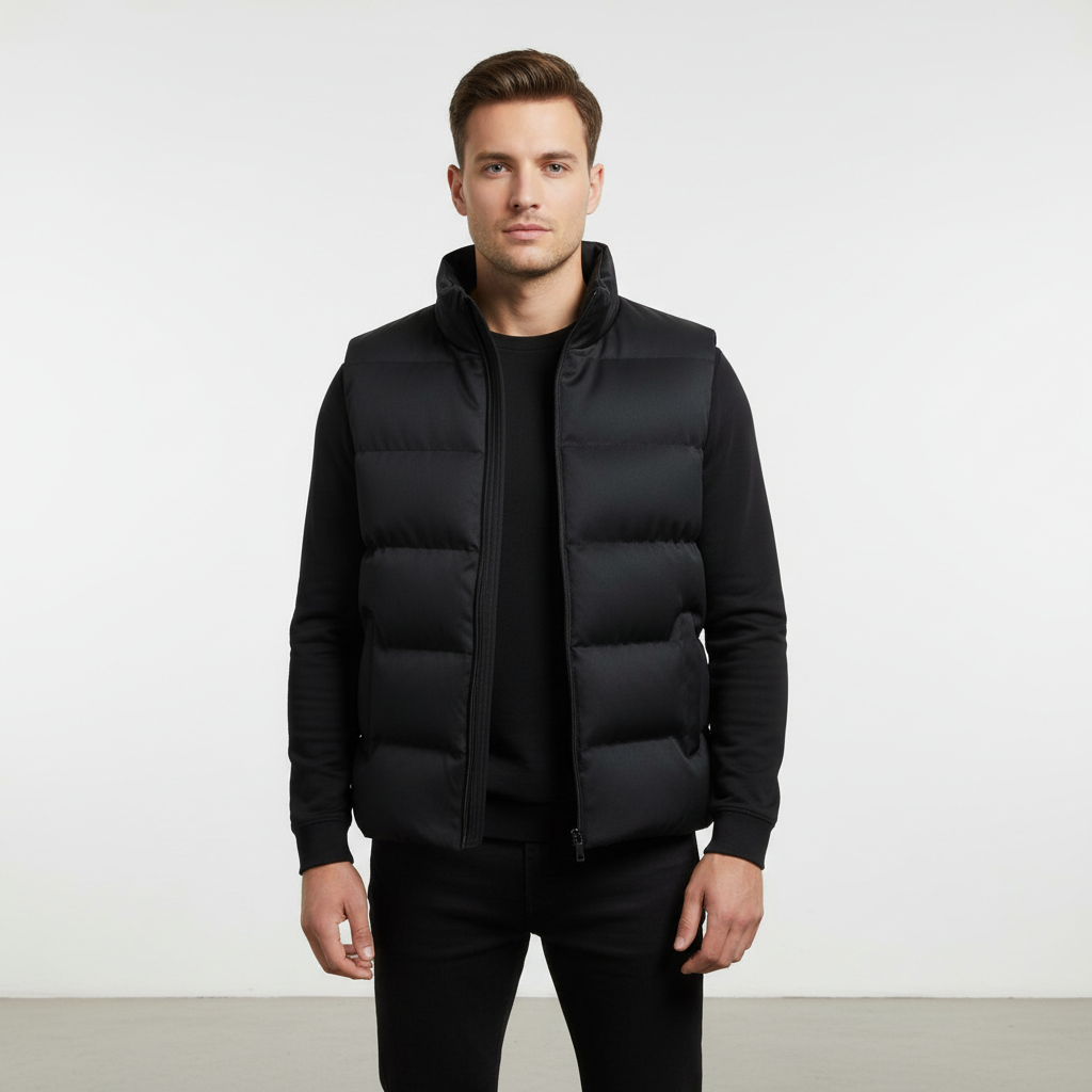 Men's Silas puffer vest laid flat, highlighting its insulated design for ultimate cold weather comfort