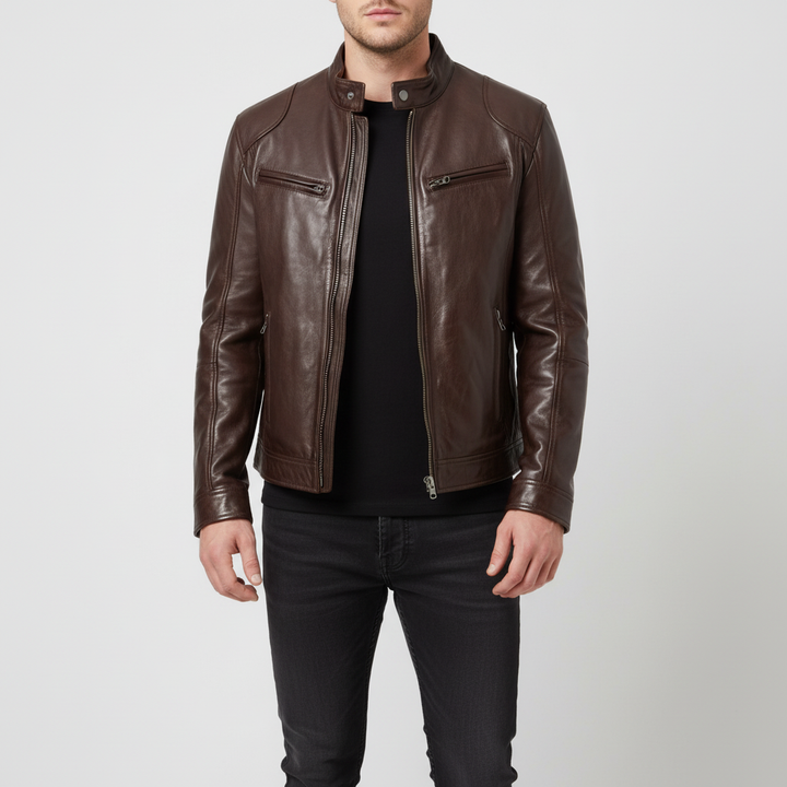 Men's casual black leather jacket, slim fit, with zipper closure and stand collar