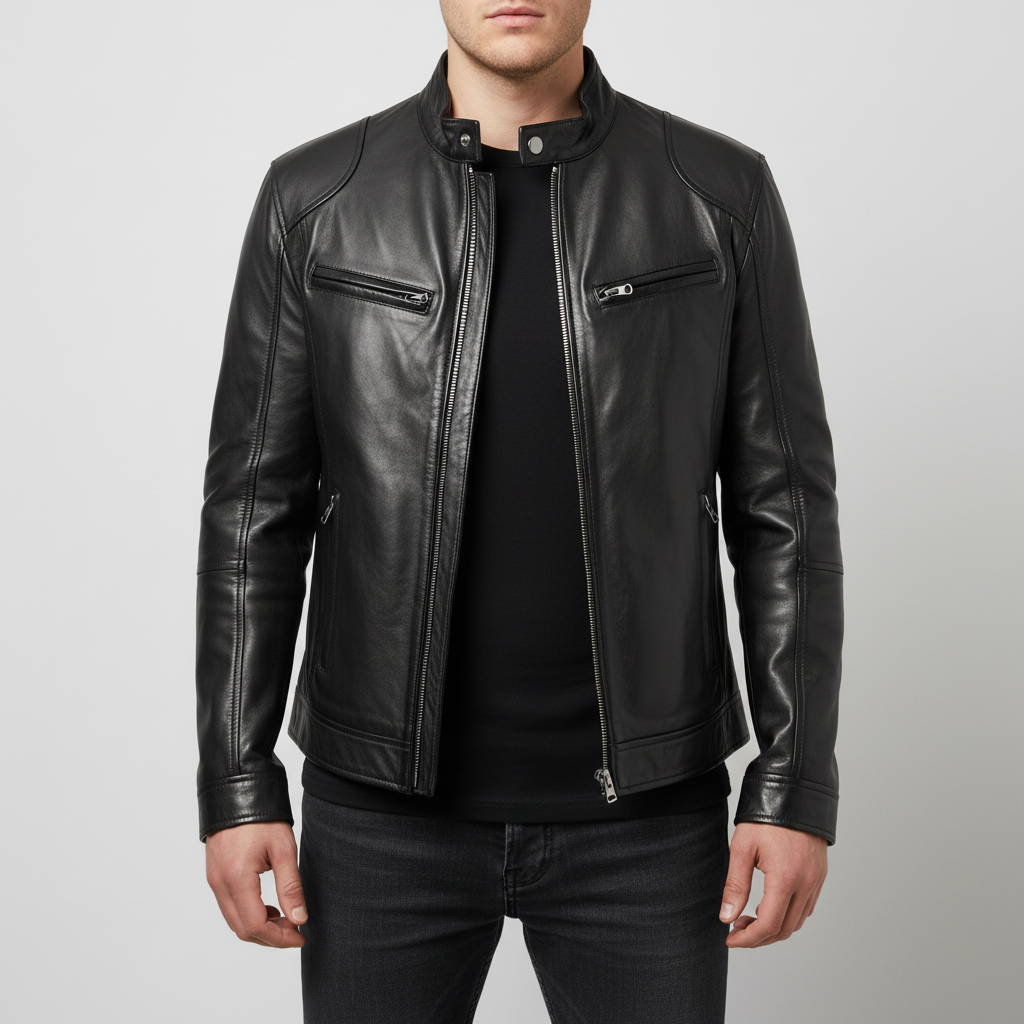Elegant men's black leather jacket, slim fit, perfect for winter fashion and outerwear