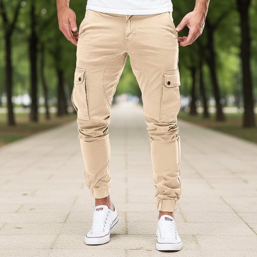 Men's slim fit cargo pants, Andreas style, in khaki with multiple pockets for casual wear.