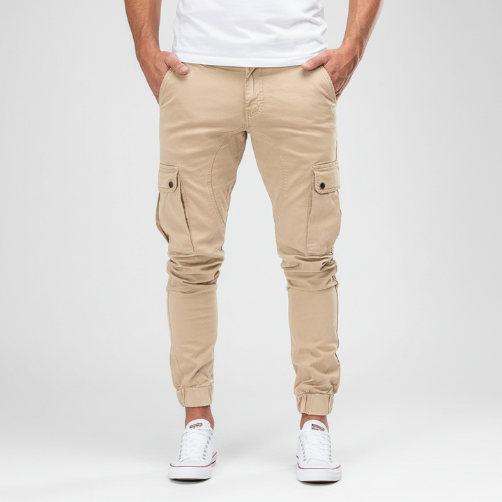 Breathable men's slim fit cargo pants in grey, comfortable for daily wear with ample pockets.