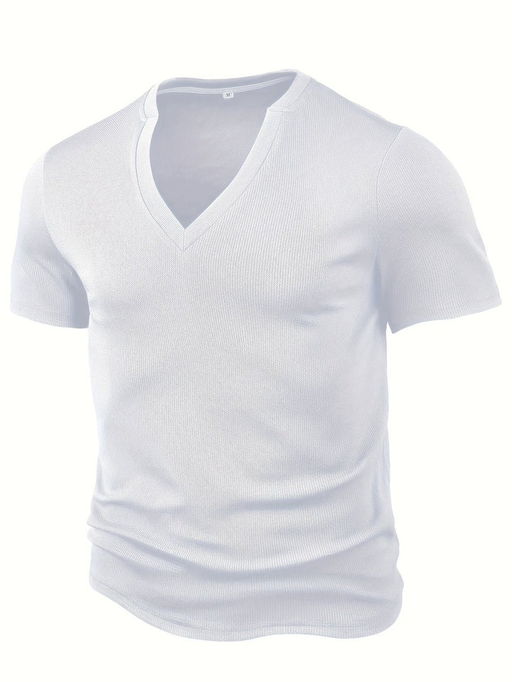 Casual men's deep V-neck t-shirt with a textured finish, perfect for summer