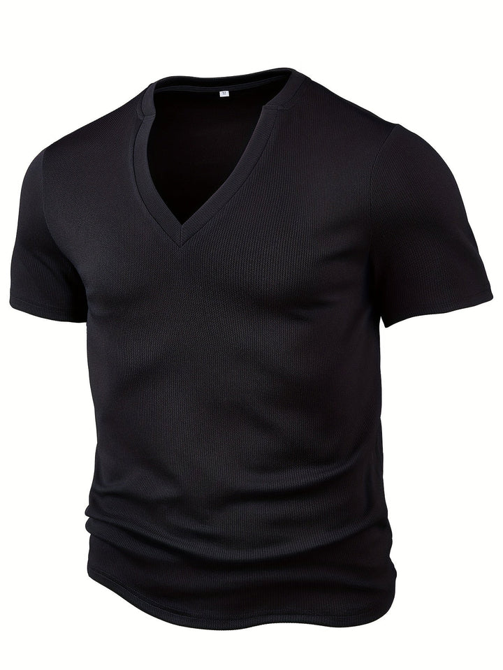 Textured knit men's deep V-neck t-shirt, offering a modern slim fit look