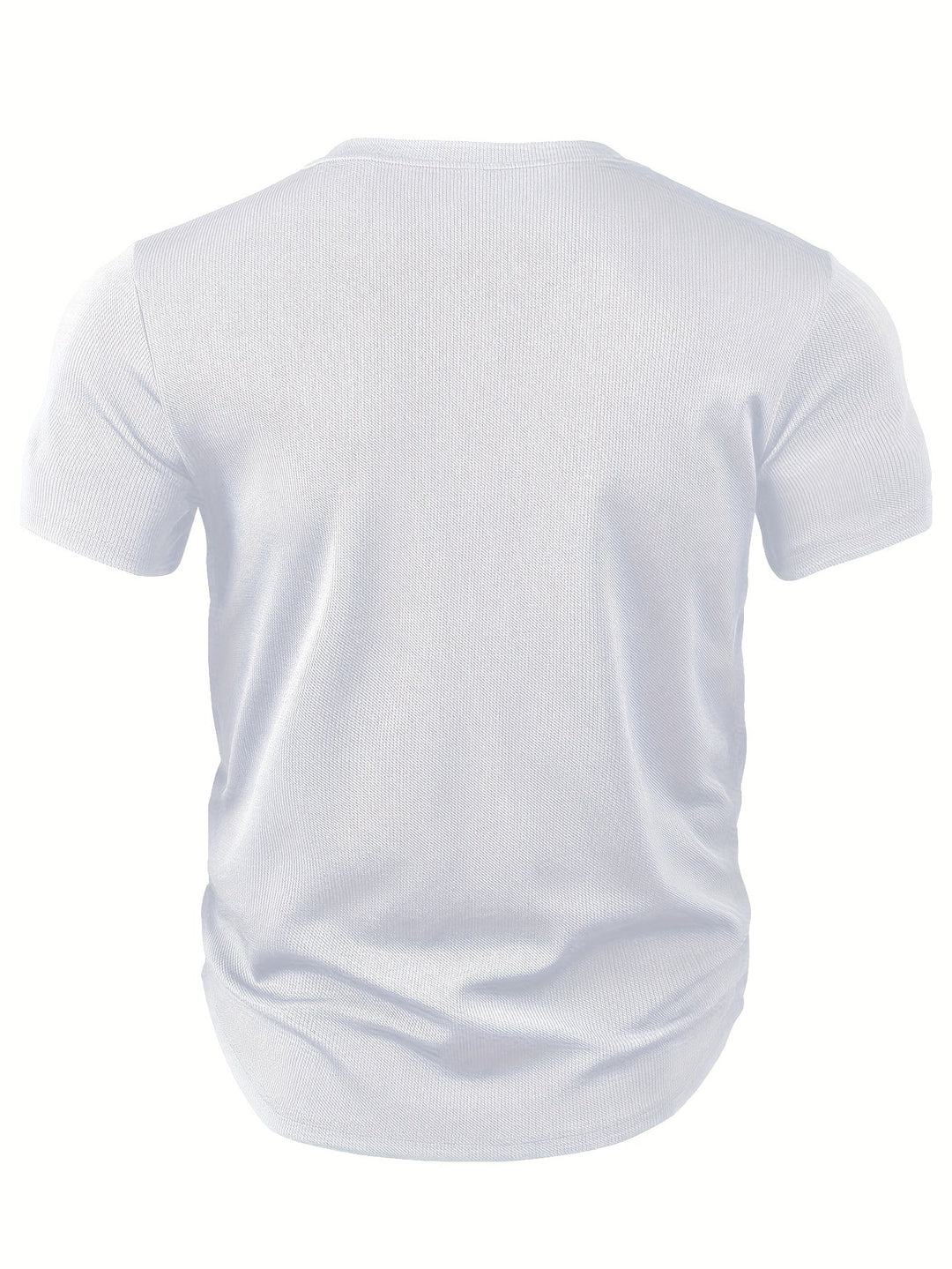 Close-up of the textured fabric on a men's deep V-neck short sleeve t-shirt