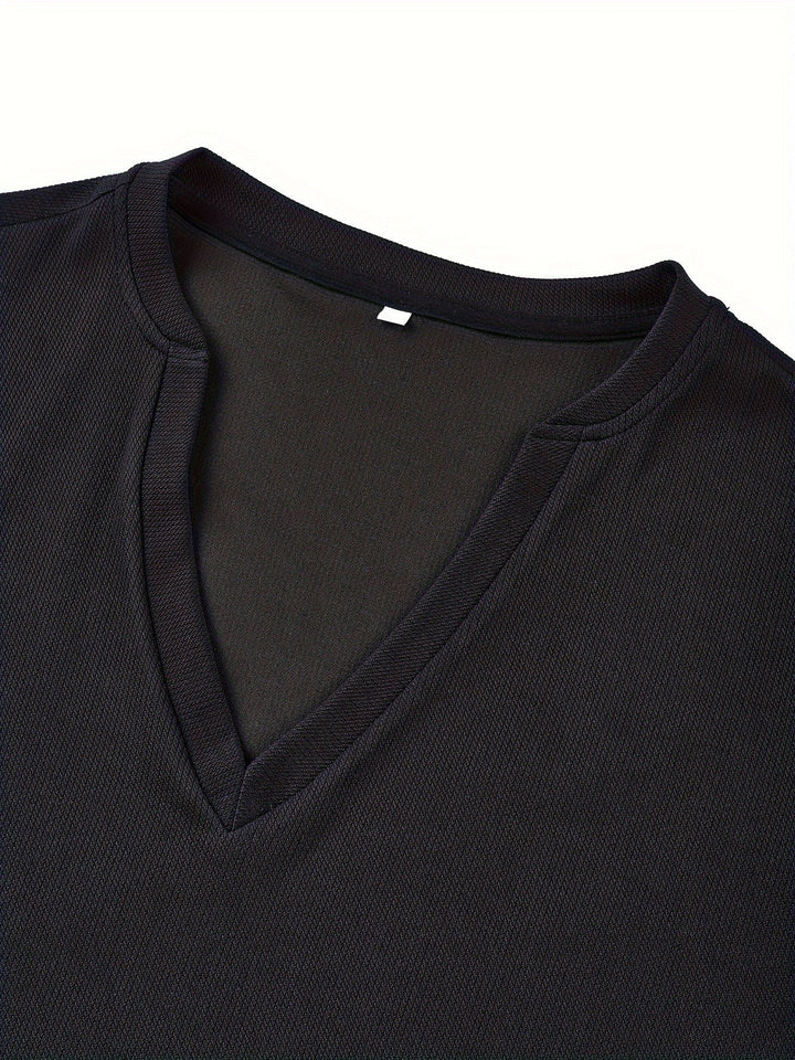 Polyester blend deep V-neck t-shirt for men, showcasing a trendy textured pattern