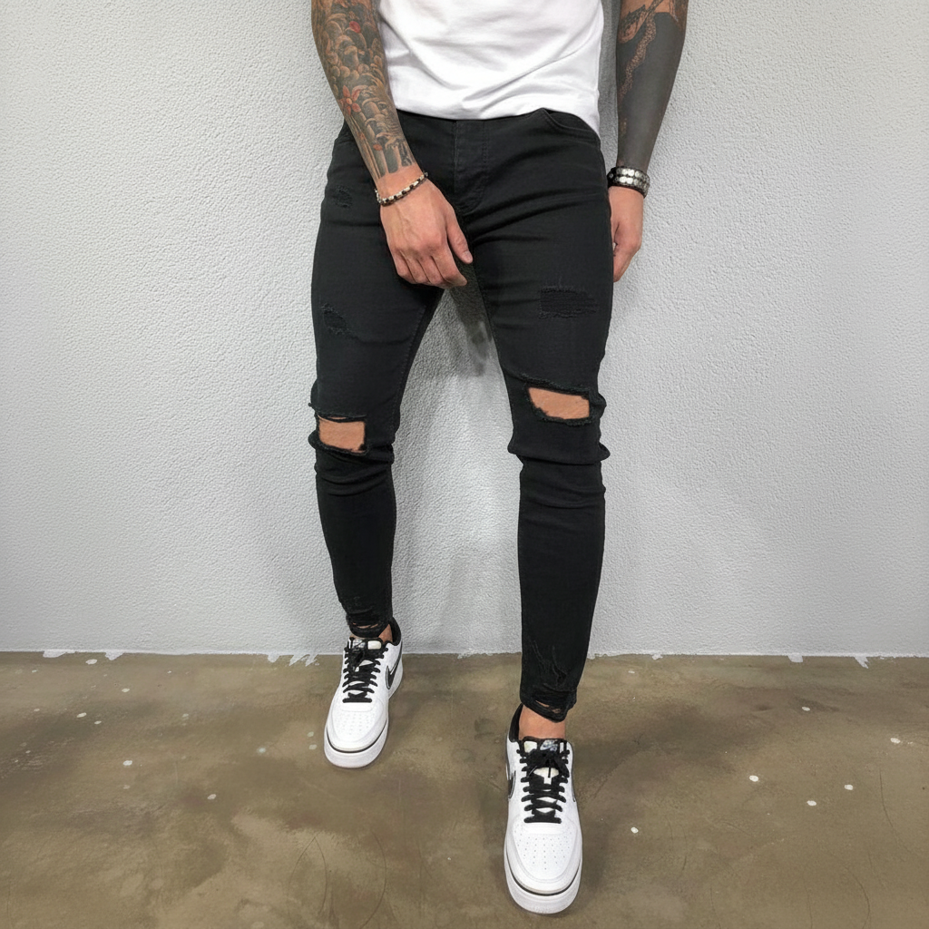 Bottoms for men: Slim Fit Theo Denim Jeans, distressed finish, a versatile addition to any casual wardrobe.