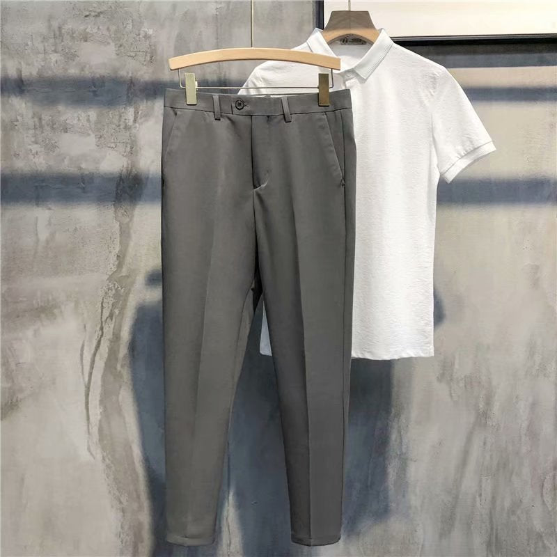 Professional men's slim fit stretch dress pants, essential for the office and formal settings.