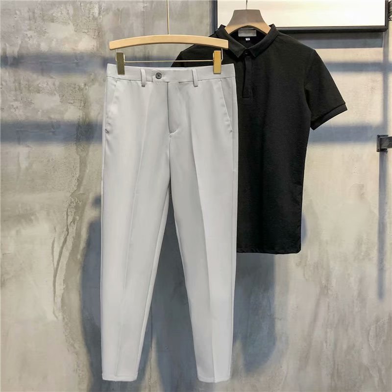 Flexible slim fit men's formal pants, offering stretch and a sleek silhouette for daily wear.