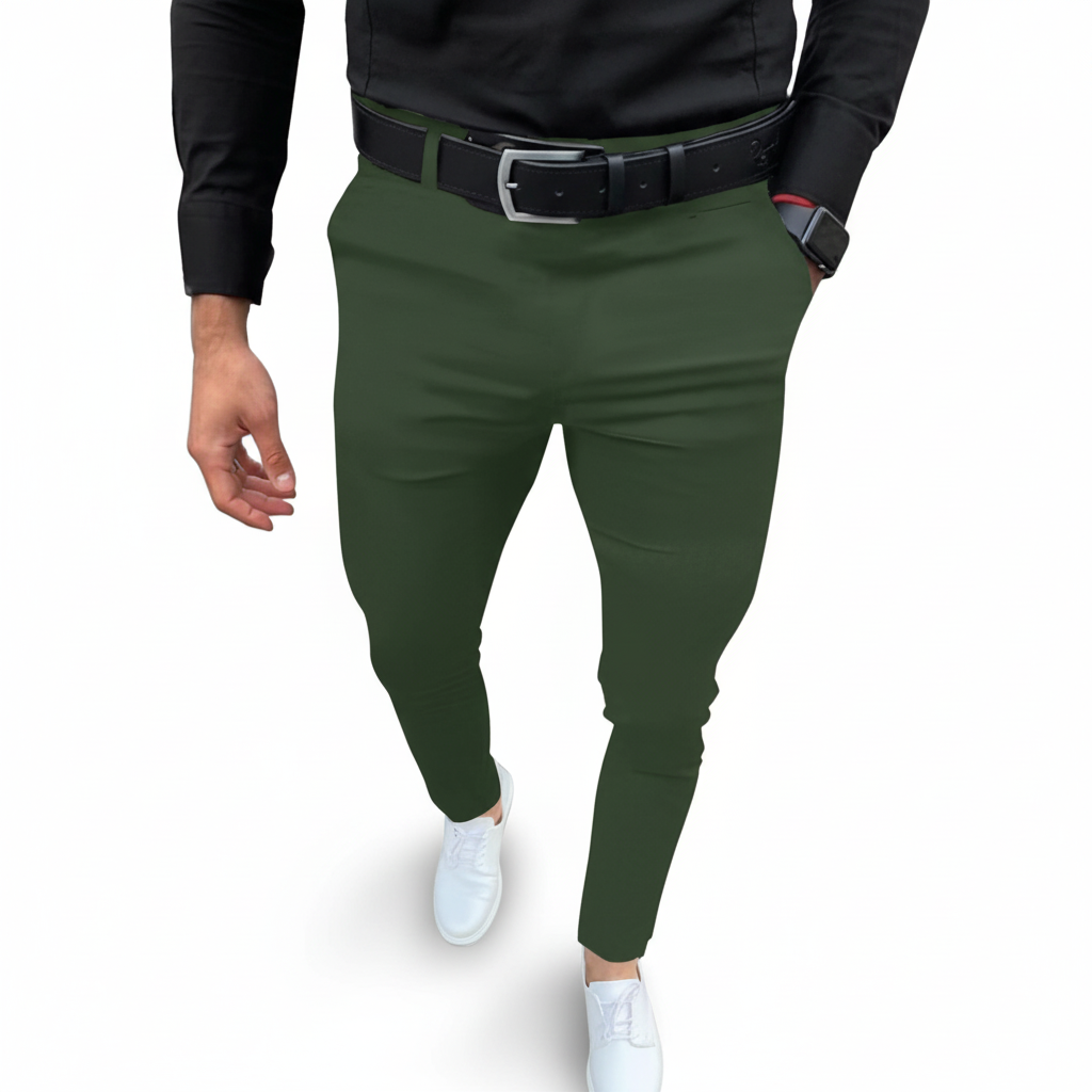 Model wearing men's slim fit stretch casual trousers in a sophisticated charcoal grey.