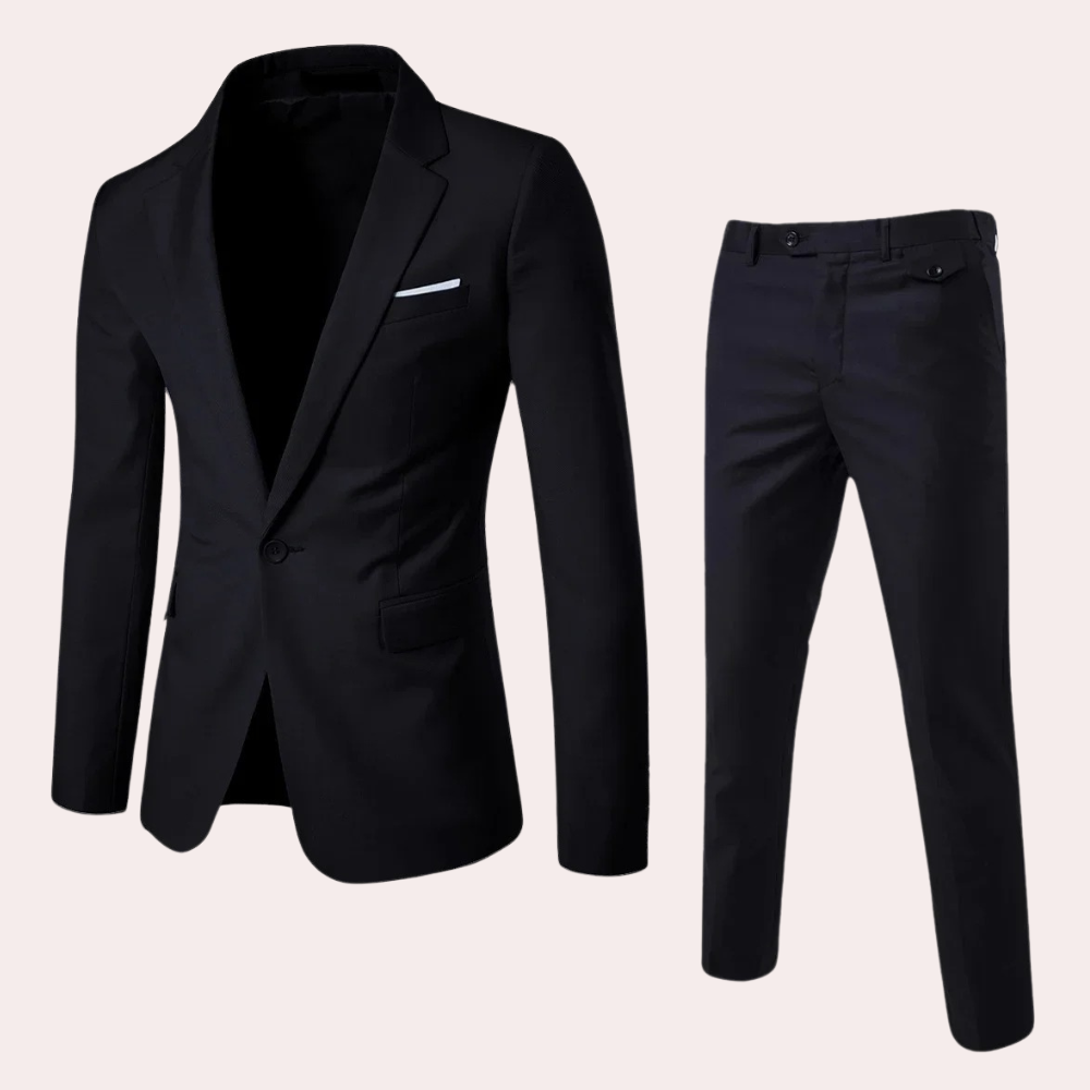 Full-length view of a sharp men's slim fit suit, complete with blazer & trousers, perfect for elegant formal events.