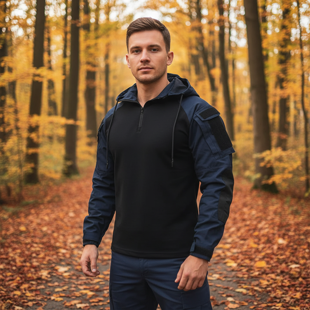 Men's slim-fit tactical hoodie pullover in black with front pockets, ideal for outdoor wear.