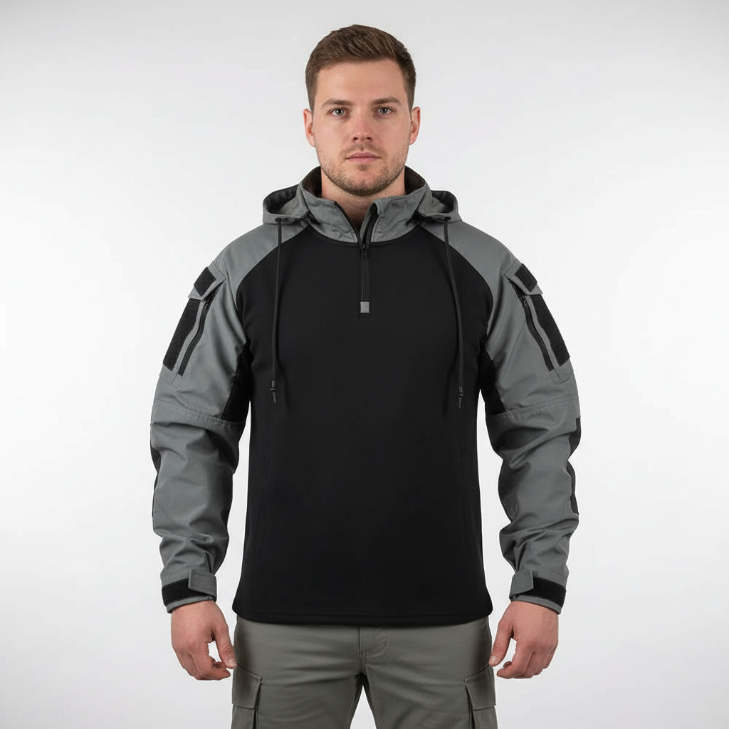 Side view of men's tactical hoodie pullover, highlighting the practical pocket design.