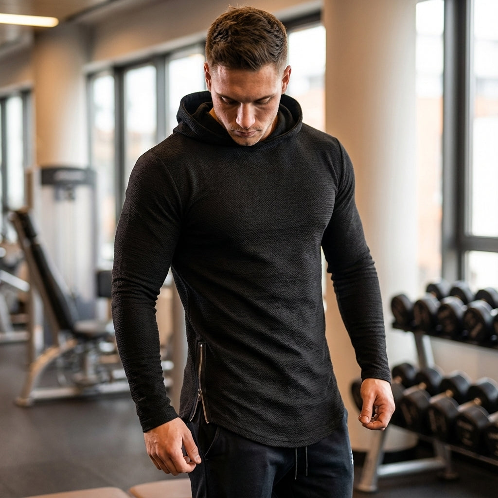 Men's slim fit training hoodie in black with full zip closure, ideal for athletic wear.