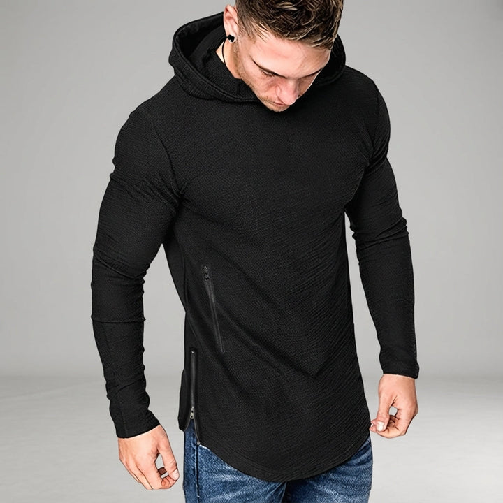 Sporty men's athletic hoodie in a cotton blend, featuring a slim fit and zip pockets.