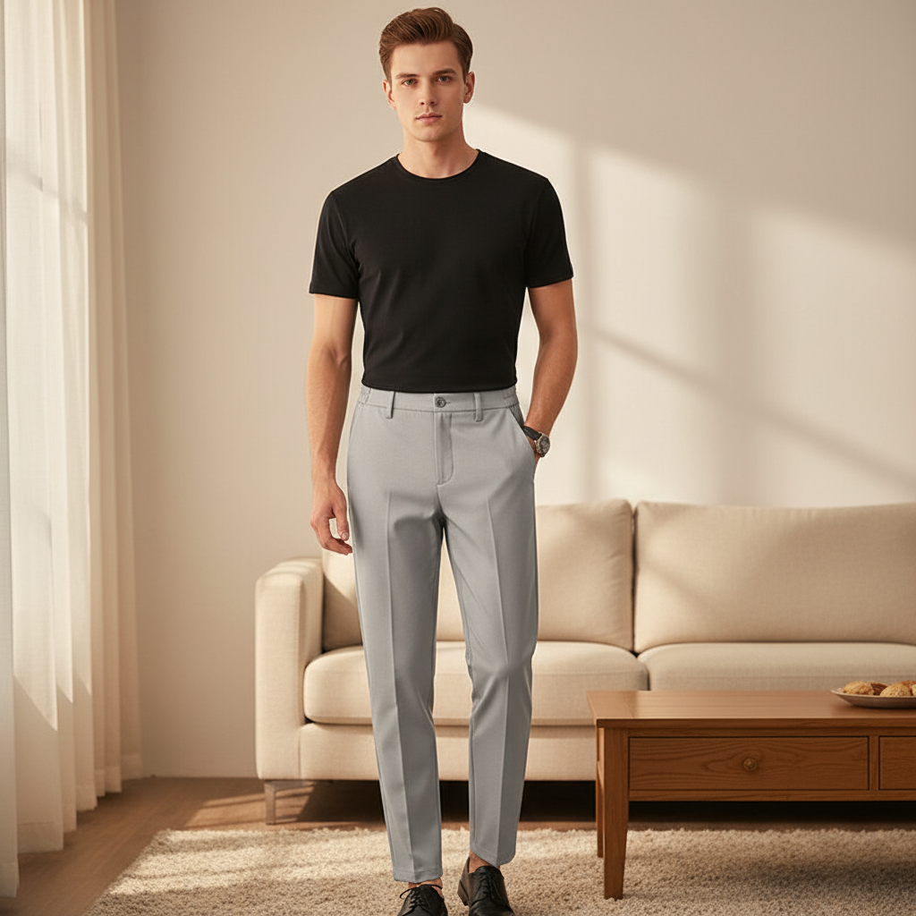 Men's slim-fit trousers with elastic waist in dark gray, perfect for comfortable casual wear.