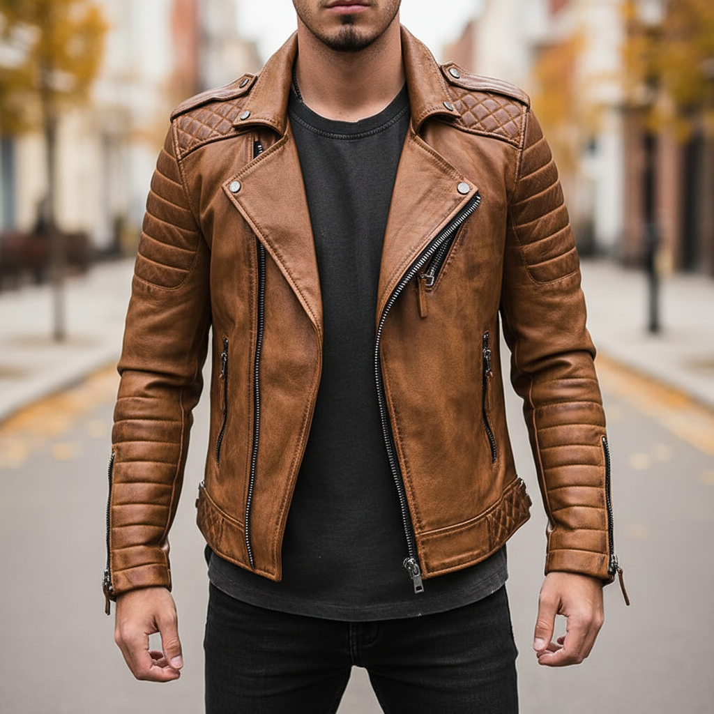 Men's slim fit vegan leather biker jacket in black; autumn fashion outerwear
