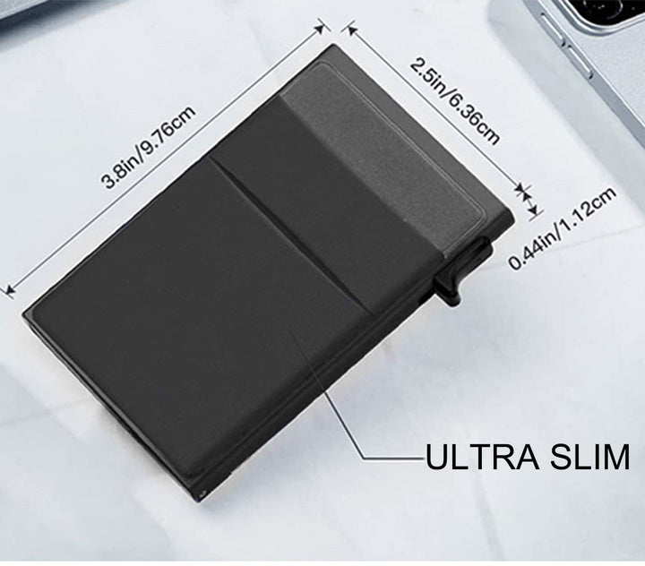Collection of different colored metal RFID wallets, slim card holders for men's security