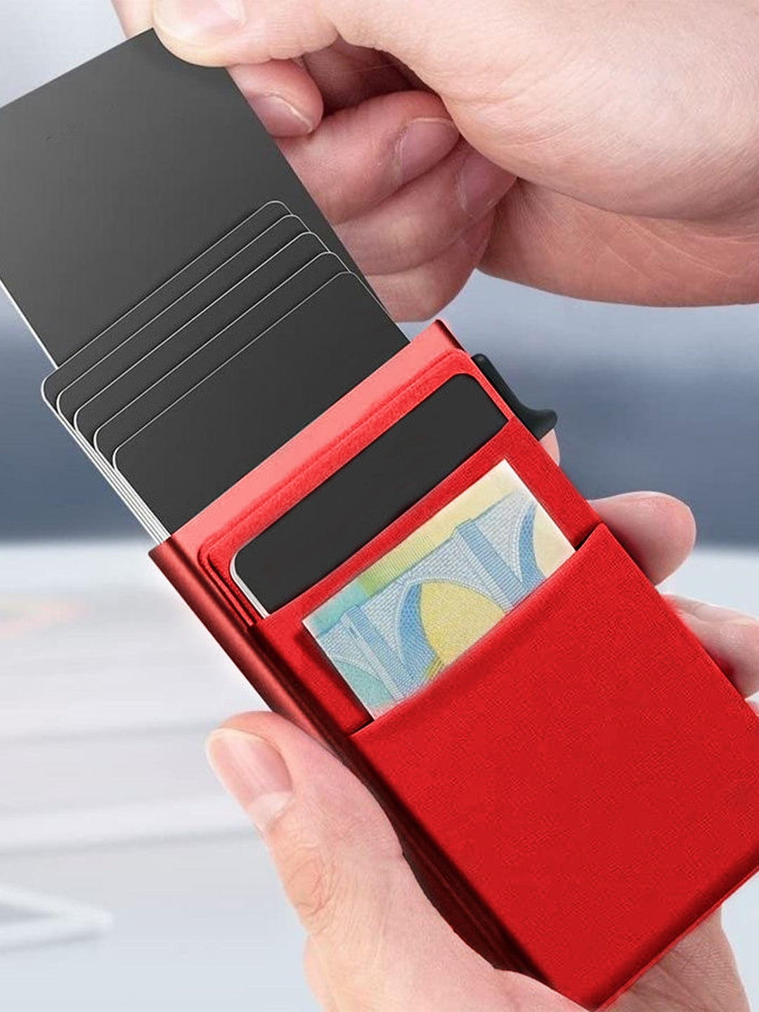 Silver metal RFID wallet, a thin card holder for men, protecting against digital theft