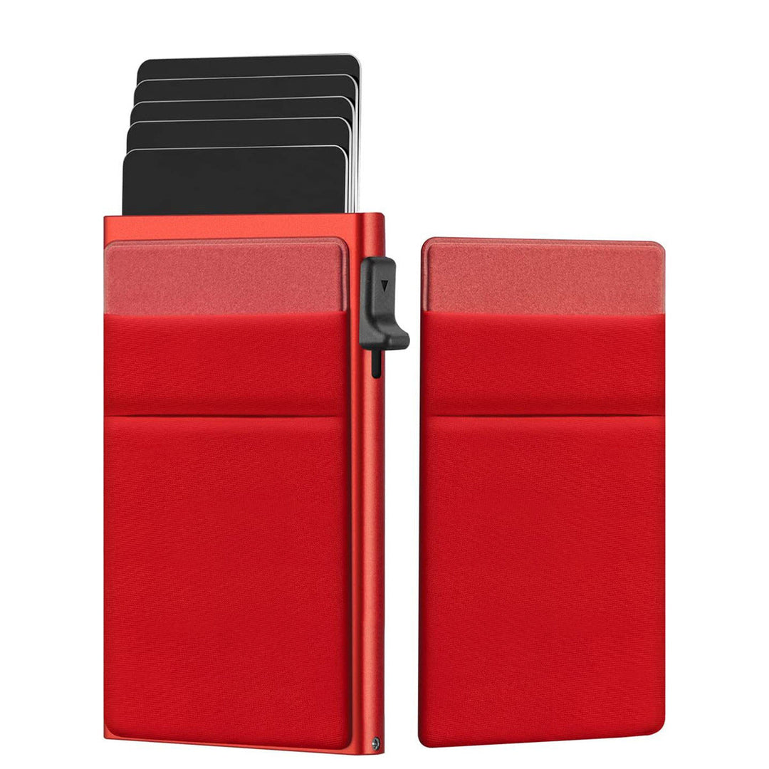 Close-up of a black minimalist metal wallet, an RFID blocking card holder for men