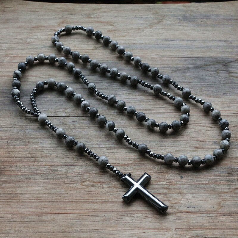 Natural gemstone men's rosary necklace. Polished beads of Tiger Eye & Lapis Lazuli.