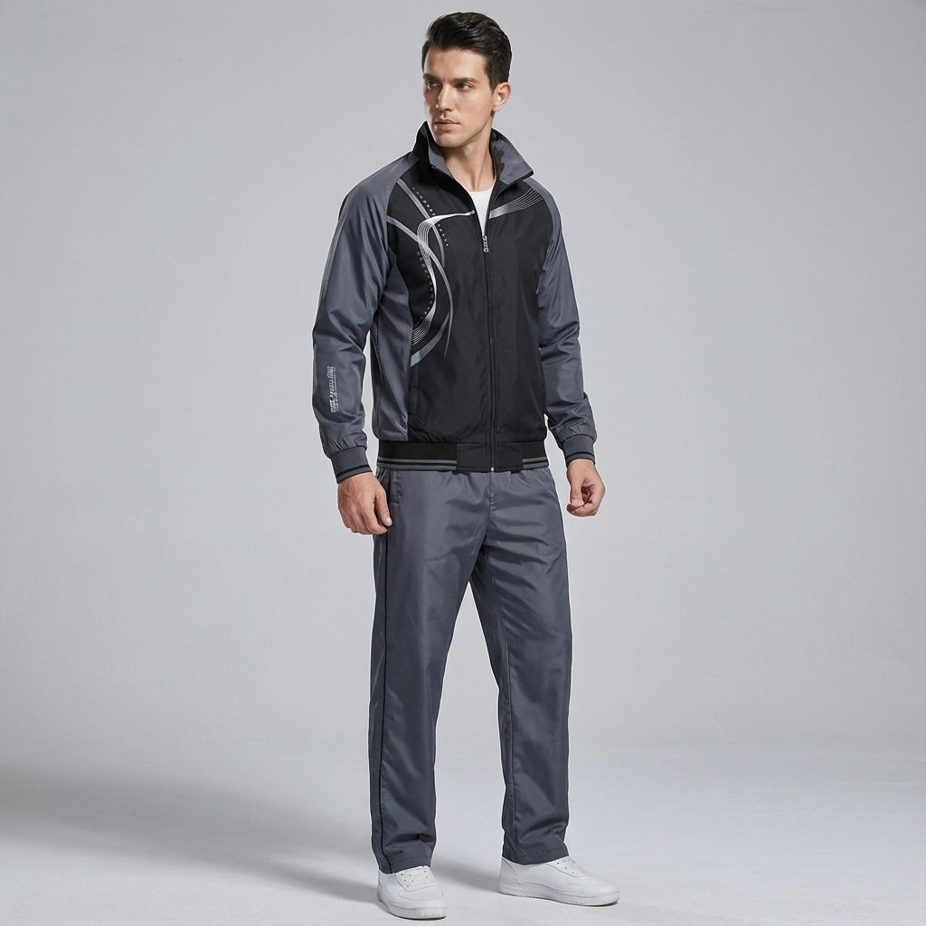 Comfortable men's tracksuit set, includes full-zip jacket and joggers, great for spring/autumn.