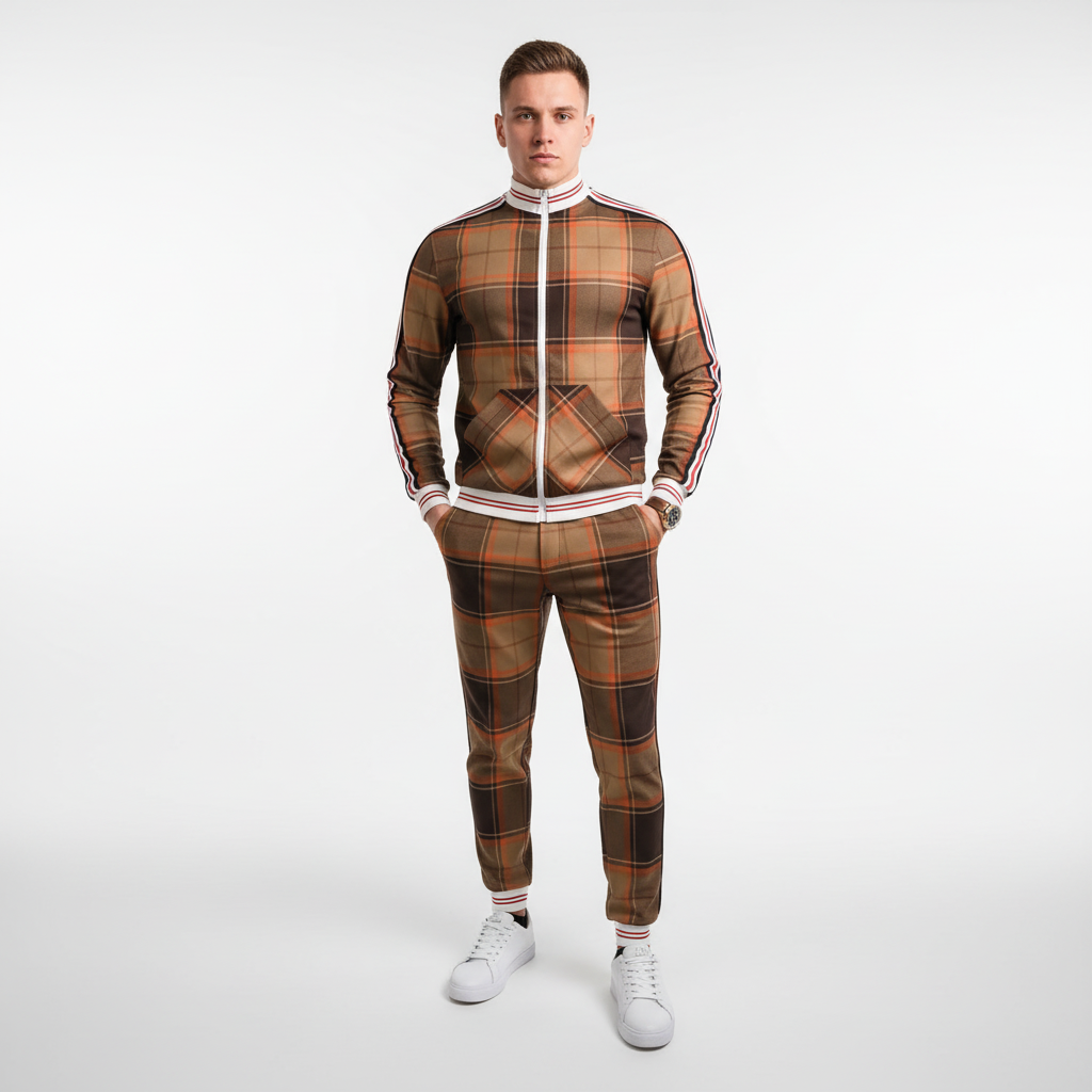 Textured image of men's polyester blend tracksuit with a modern checkered pattern