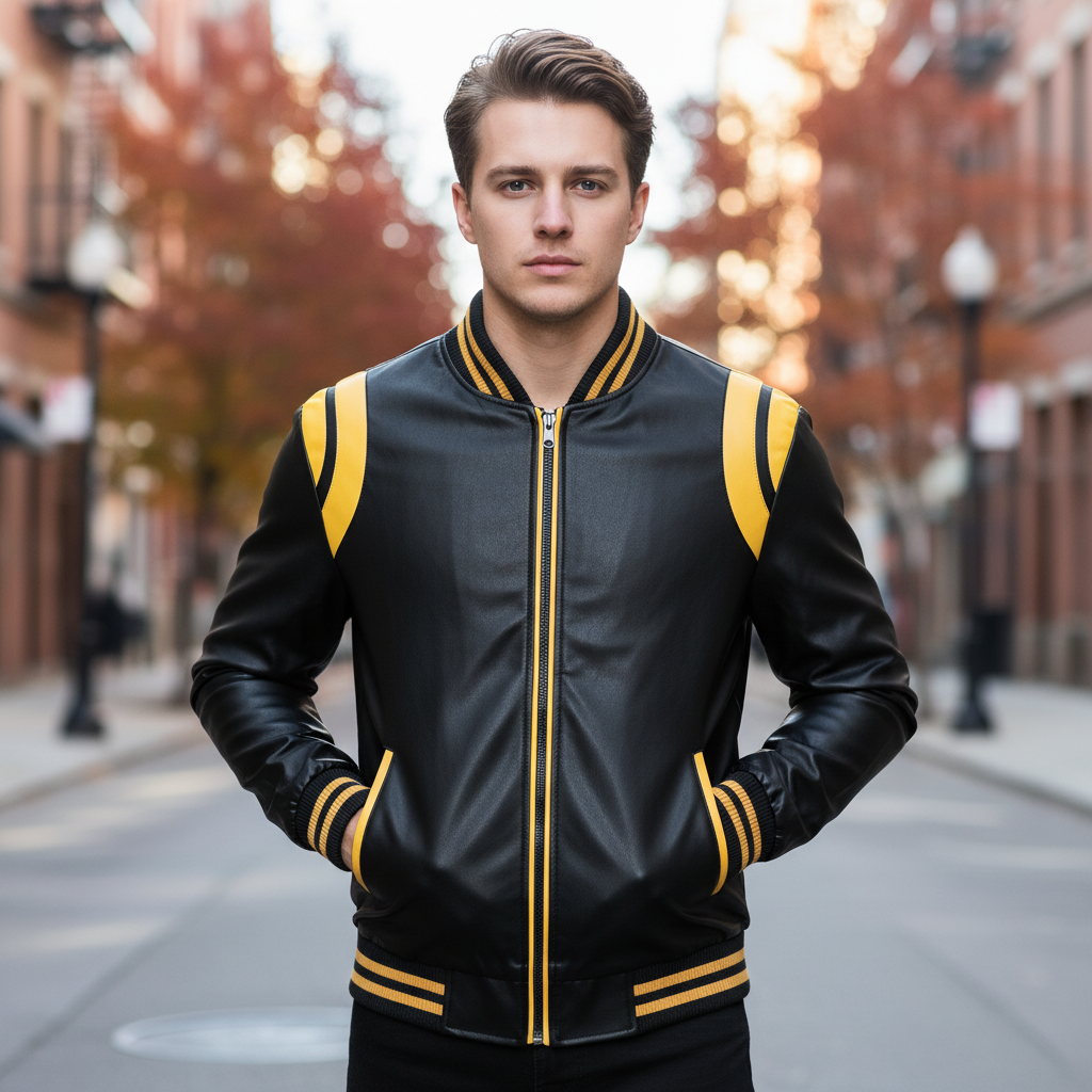 Men's sporty faux leather bomber jacket, black with striped cuffs and hem, front view