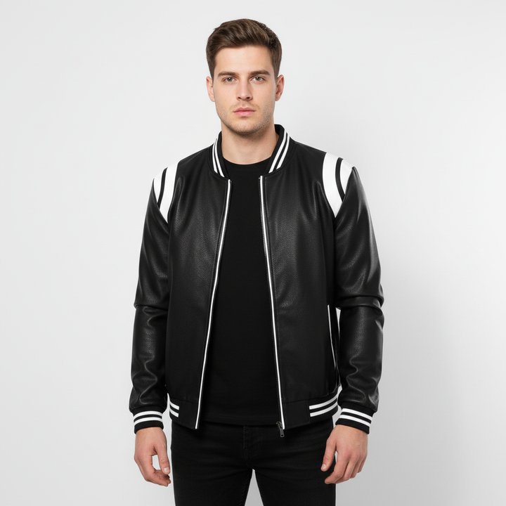 Casual wear Jonathan jacket for men, black faux leather, bomber style with functional side pockets