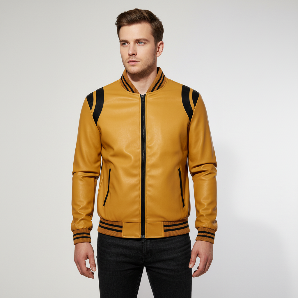 Vegan leather men's jacket, bomber style in black, featuring subtle striped accents and zip front