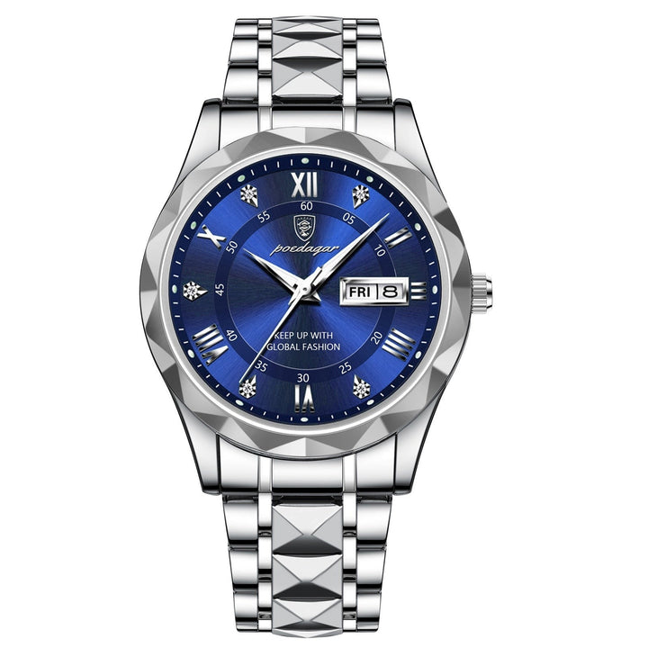 Stainless steel men's watch with luminous features, water resistance, classic style.