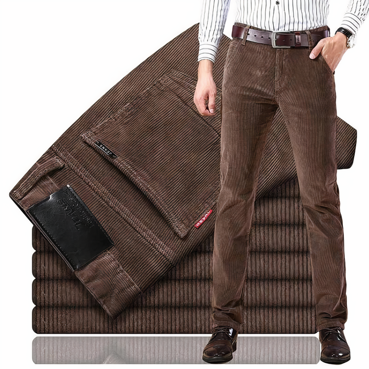Khaki men's straight fit ribbed texture jeans. Casual pants, durable for versatile everyday fashion.