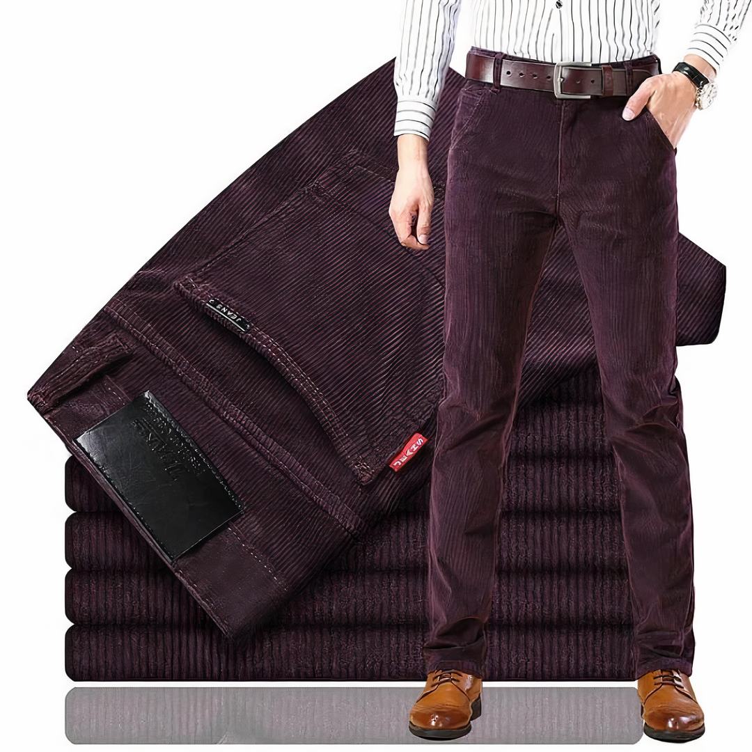 Bordeaux men's straight fit ribbed texture jeans. Durable casual pants, versatile for everyday style.