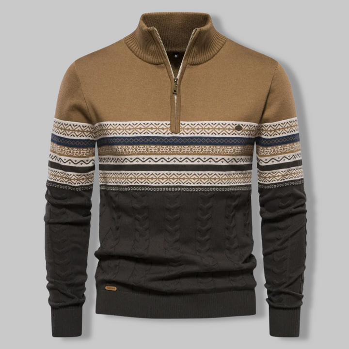 Stylish men's striped half-zip long sleeve sweater, SummitZip, offering comfort for everyday fashion.
