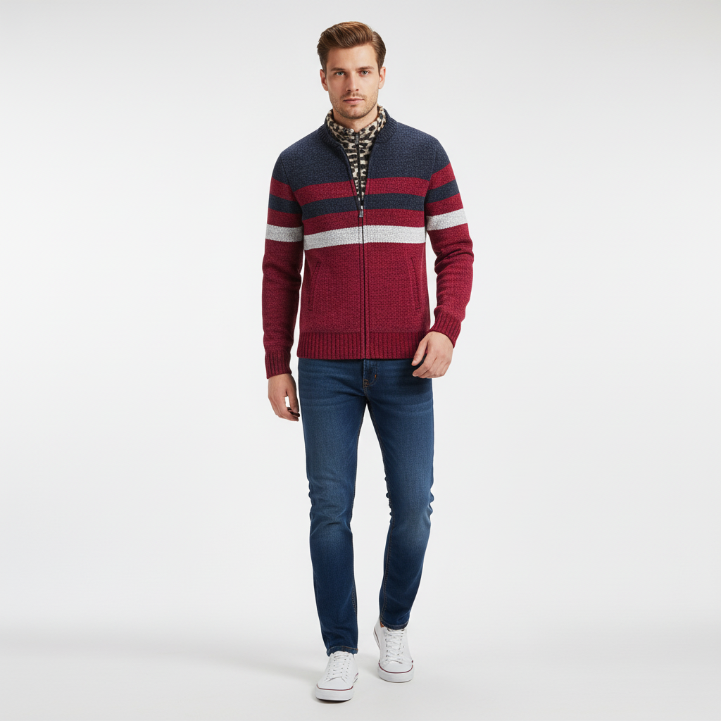 Men's gray and black striped knit hoodie, a versatile addition to winter wardrobes