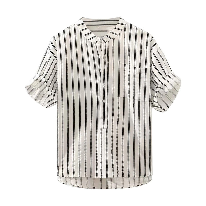 Casual men's striped button-up summer shirt with short sleeves. Regular fit, versatile for beach, vacation & everyday.