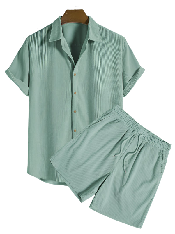Striped men's short sleeve shirt and matching shorts, a stylish summer set.