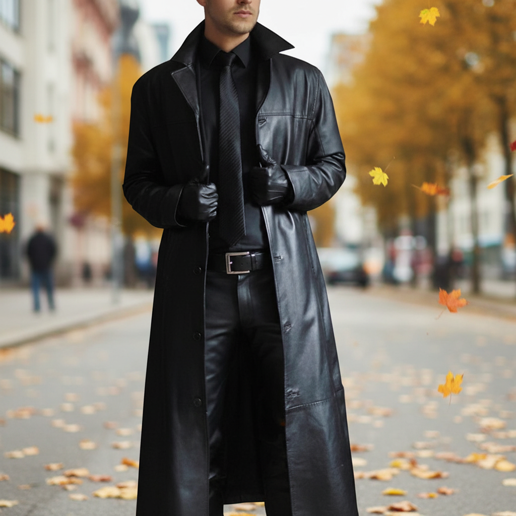 Men's stylish black long leather jacket, perfect for winter and autumn formal wear.