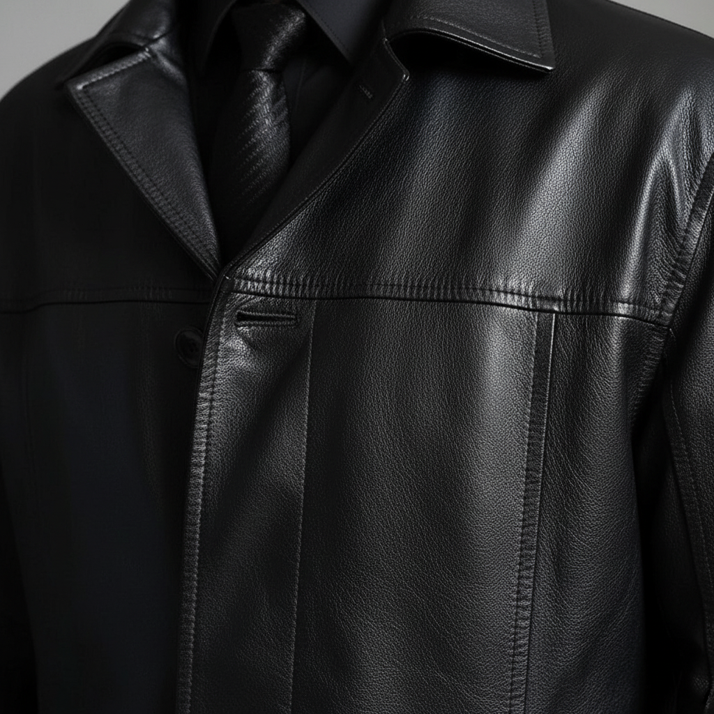 Full-length shot of men's black leather coat, ideal for casual and formal autumn fashion.