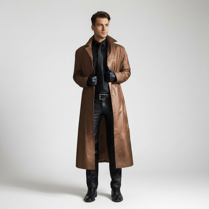 Side view of the Anton men's long leather jacket, emphasizing its sleek design and fit.
