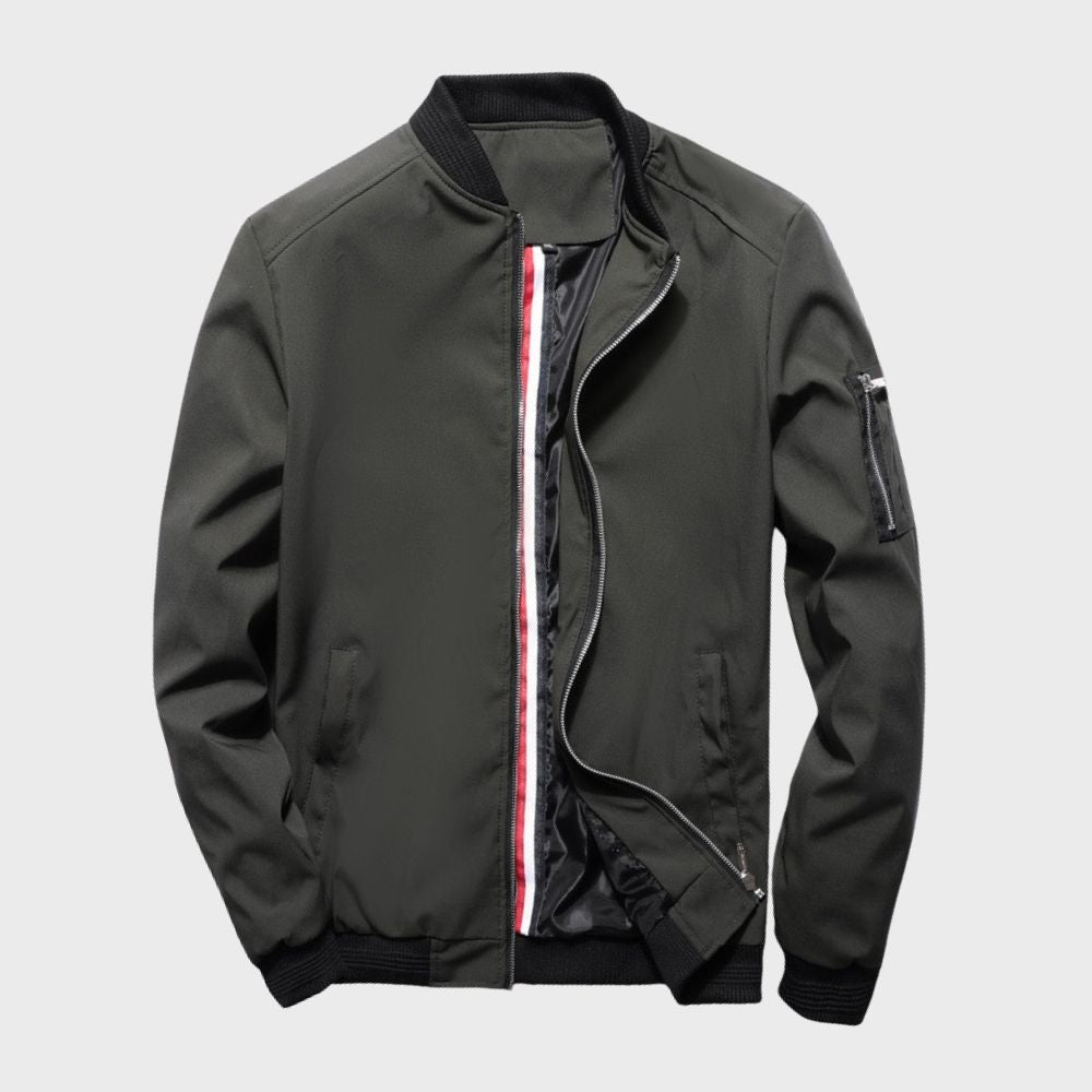Modern fall men's bomber jacket, stylish and versatile casual outerwear.