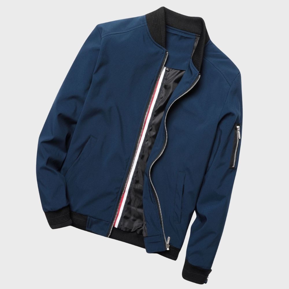 Men's blue bomber jacket, lightweight and stylish, perfect for spring casual outerwear.