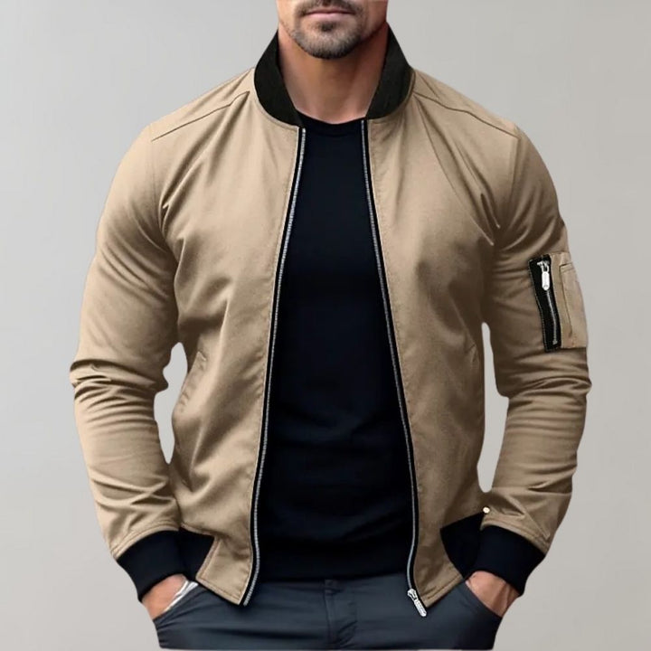 Black men's bomber jacket, sleek & lightweight, perfect stylish casual outerwear.