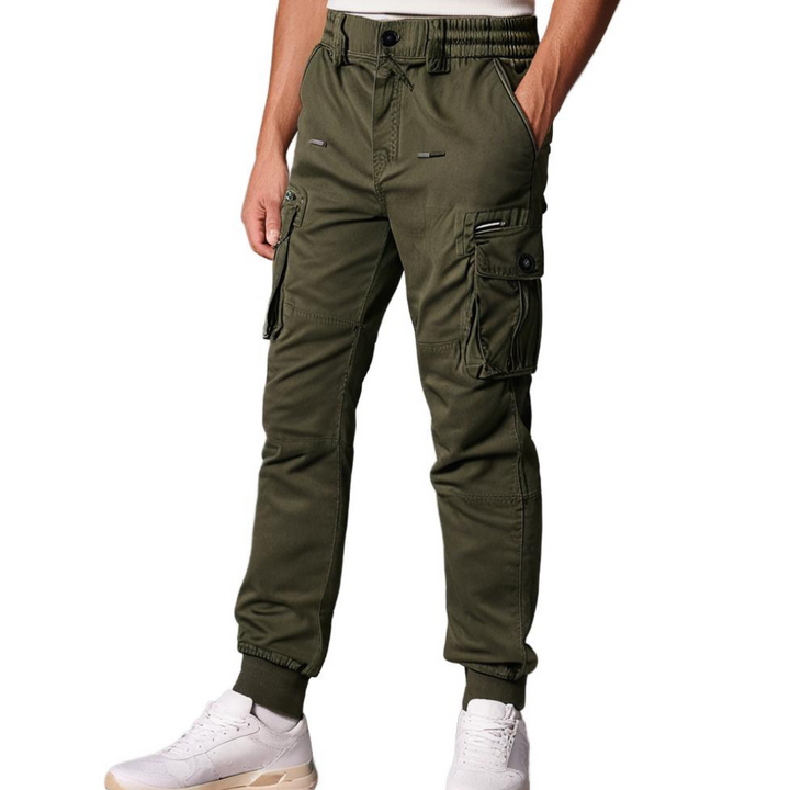 Men's stylish cargo jogger pants with elastic waist & cuffs for ultimate comfort.