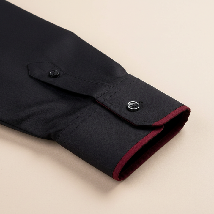 Close-up of a men's button-down collared long-sleeve shirt in classic cotton fabric