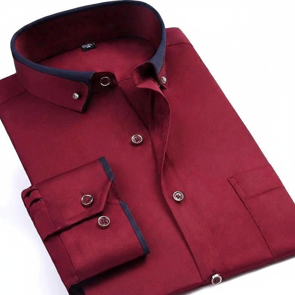 Front view of a men's versatile long-sleeve button-down collar shirt, Simon design