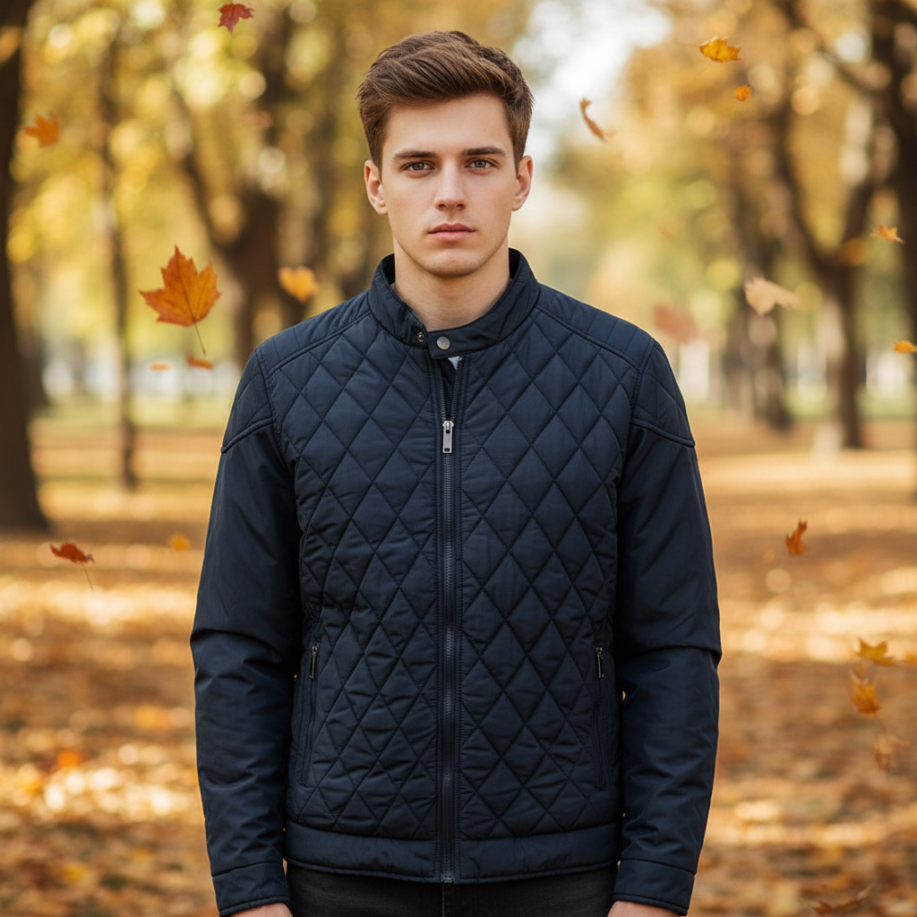 Men's stylish grey diamond pattern autumn bomber jacket with zippered front, casual wear