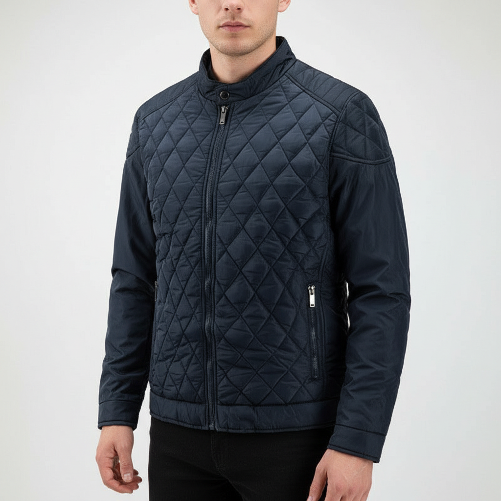 Man wearing a casual men's autumn jacket, Hubert, with diamond pattern, perfect for chilly weather