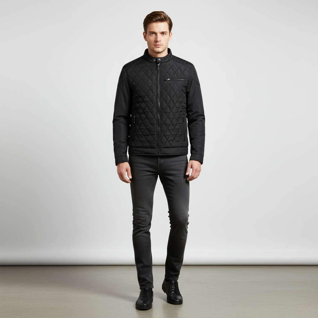 Front view of a men's versatile diamond pattern bomber jacket in polyester cotton blend, fall fashion