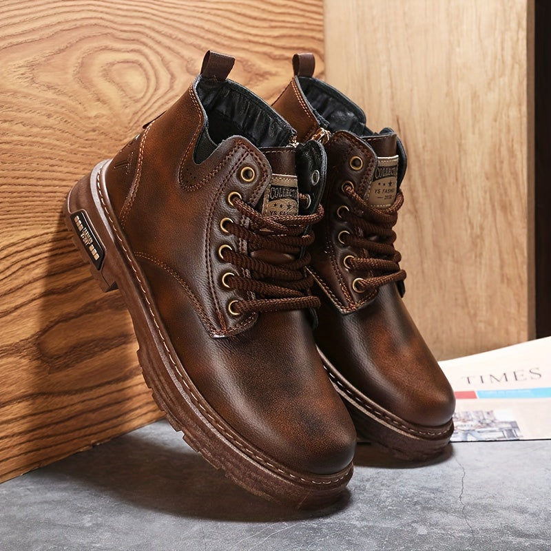 Front view of men's stylish lace-up boots, emphasizing the detailed design and durable laces for everyday wear.